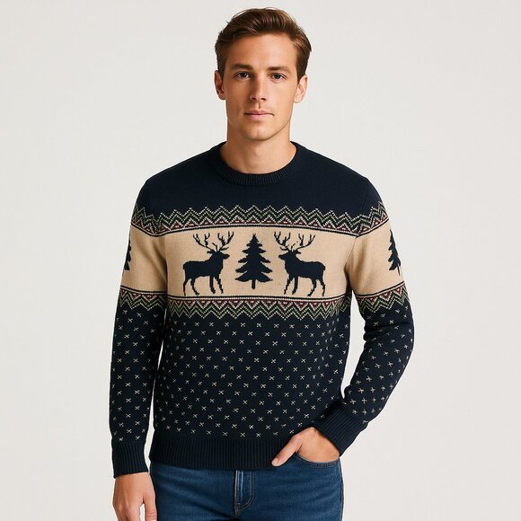 Aspen Fair Isle Reindeer Cotton Sweater Crewneck Men’s Large Navy Cozy Scandi - Picture 2 of 8